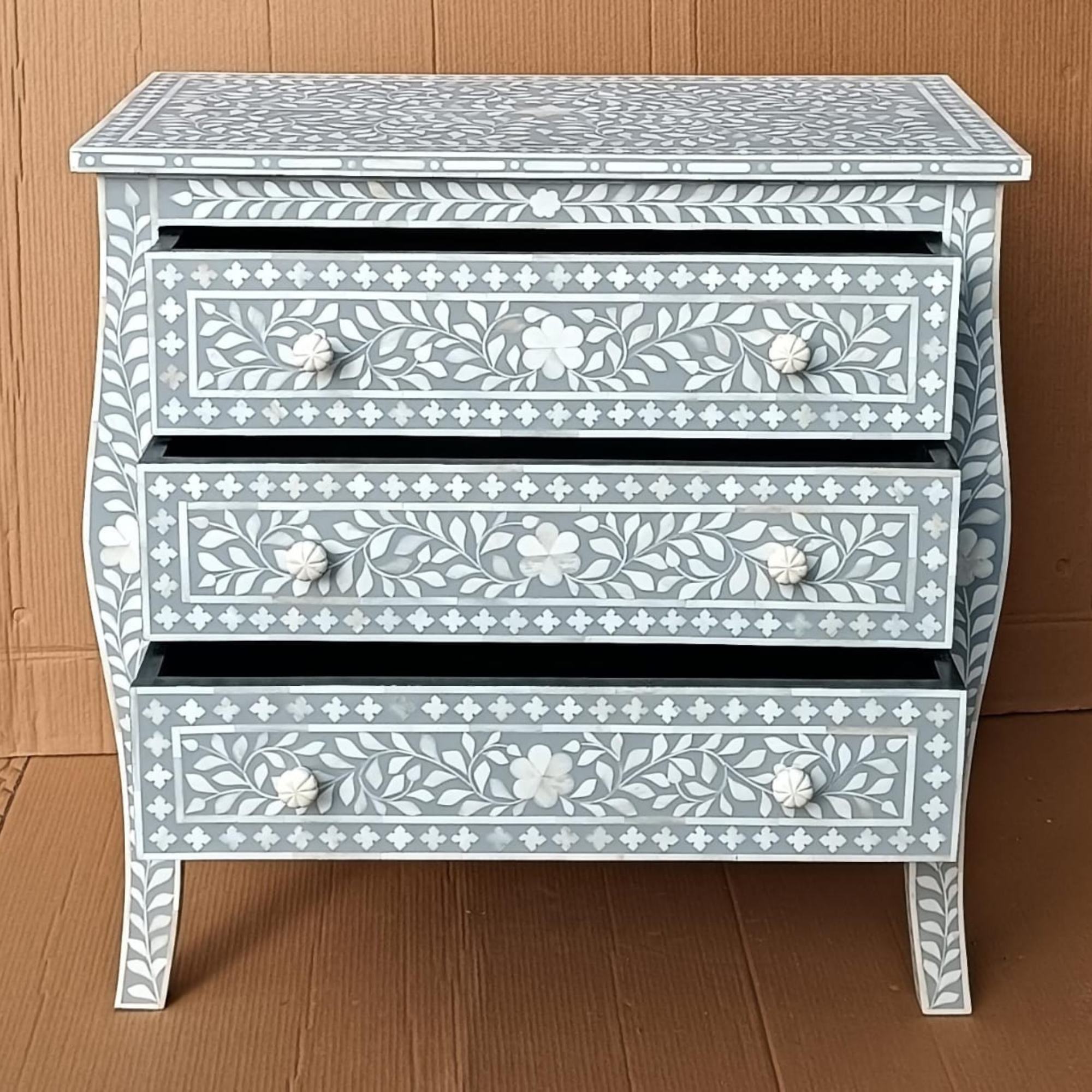 Handmade Grey Bone Inlay Sideboard Cabinet – Floral Pattern Storage Console
