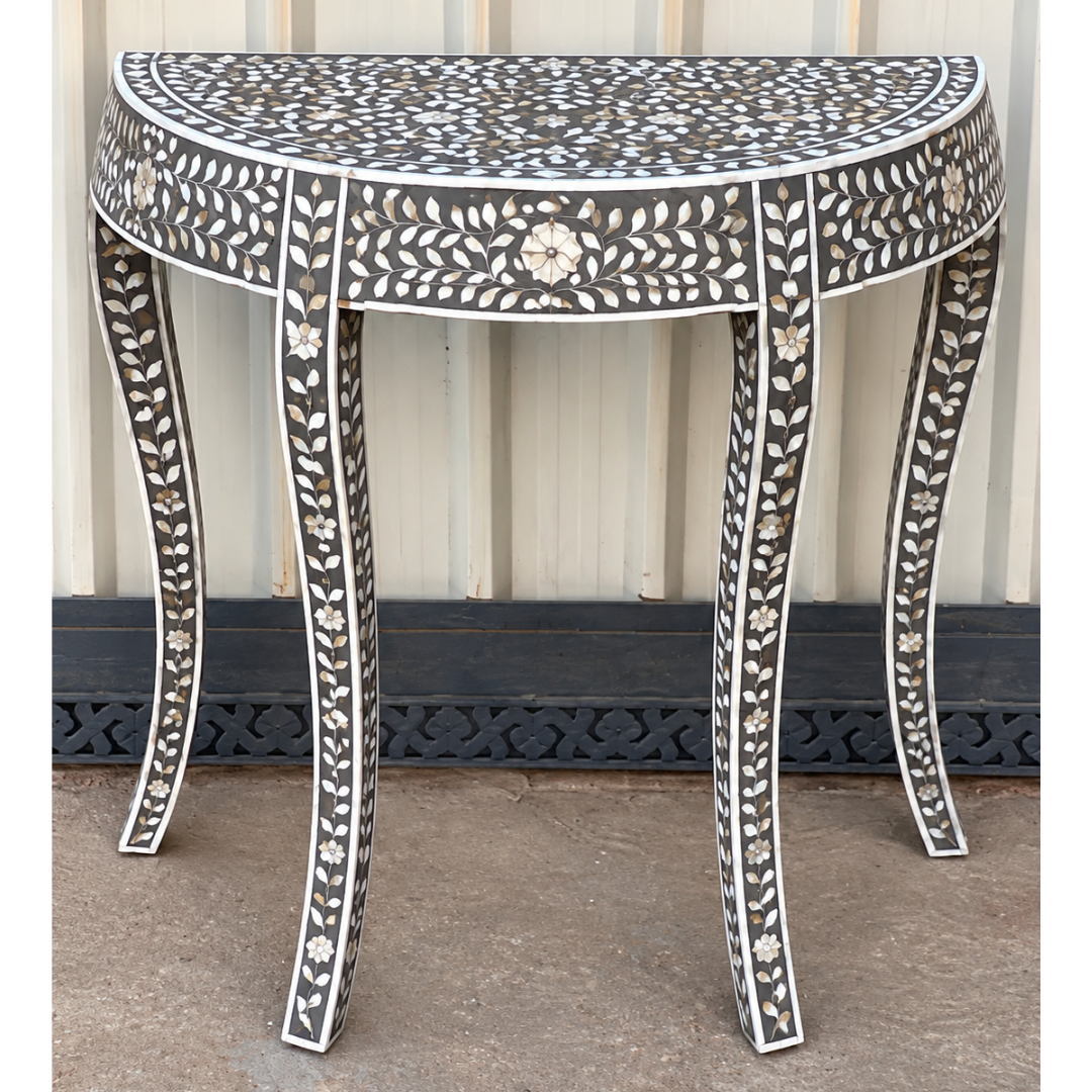 Handmade black Mother of Pearl inlay half moon console table with floral design, curved legs and drawer