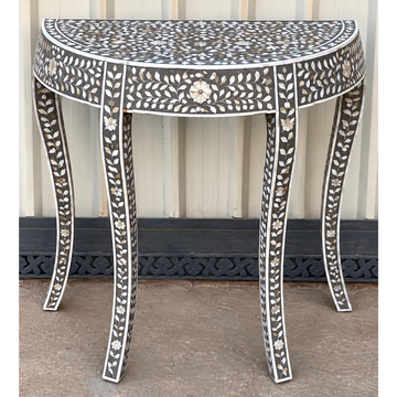 Handmade black Mother of Pearl inlay half moon console table with floral design, curved legs and drawer