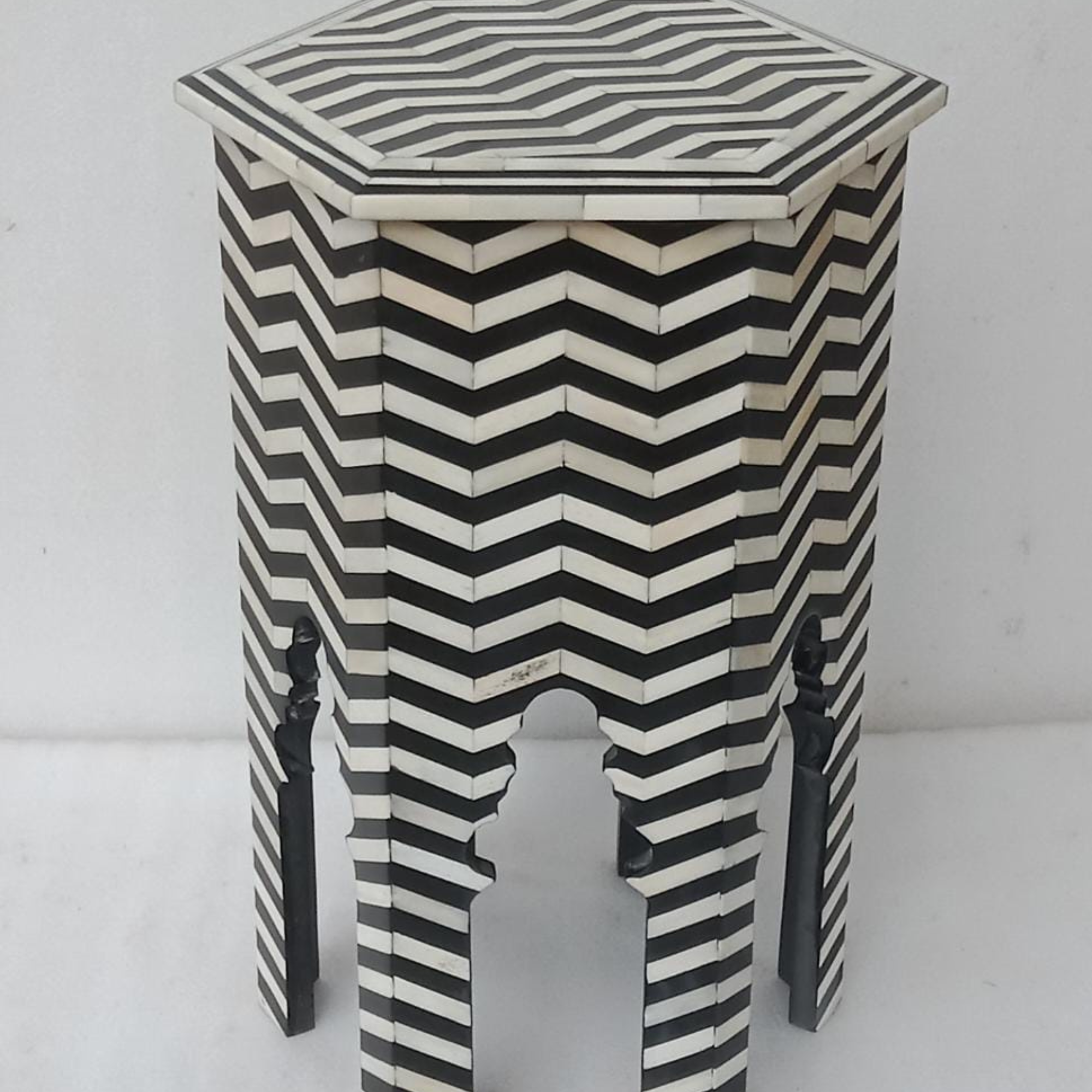 Black & White Chevron Bone Inlay Side Table – Handmade Hexagon Accent Table