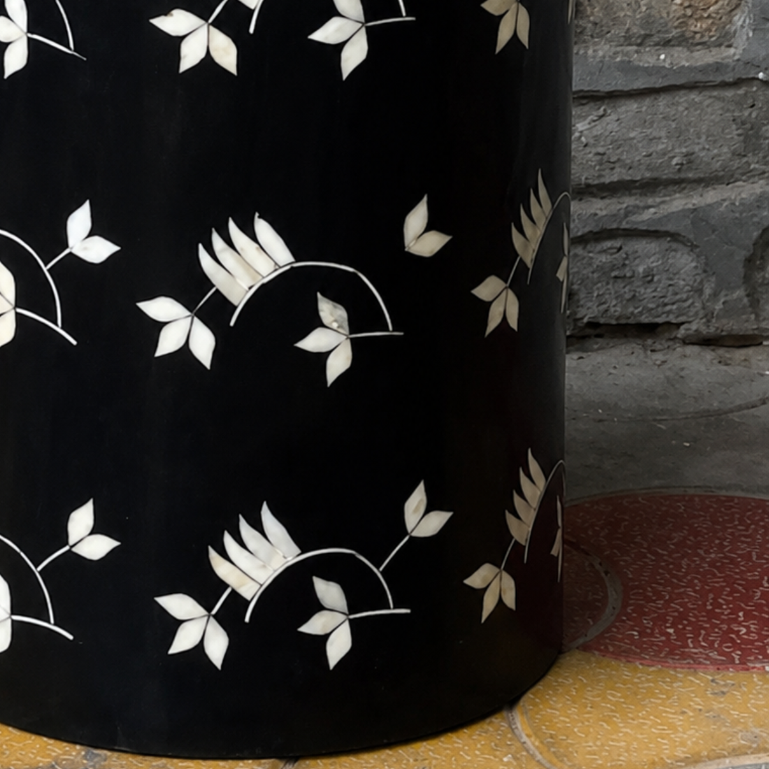 Handmade Black & White Bone Inlay Drum Side Table – Floral Botanical End Table