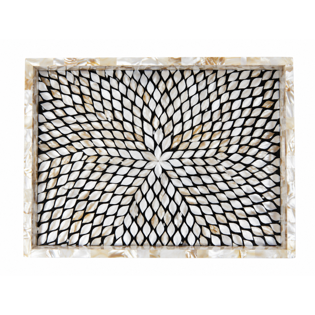 Black & White Mother of Pearl Inlay Serving Tray – Handmade Sunburst Geometric Decorative Tray