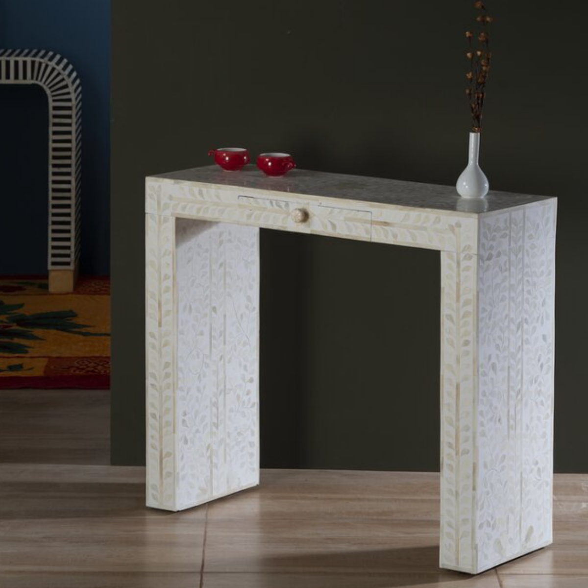 Handmade White Bone Inlay Console Table with Drawer | Floral Pattern Entryway Table