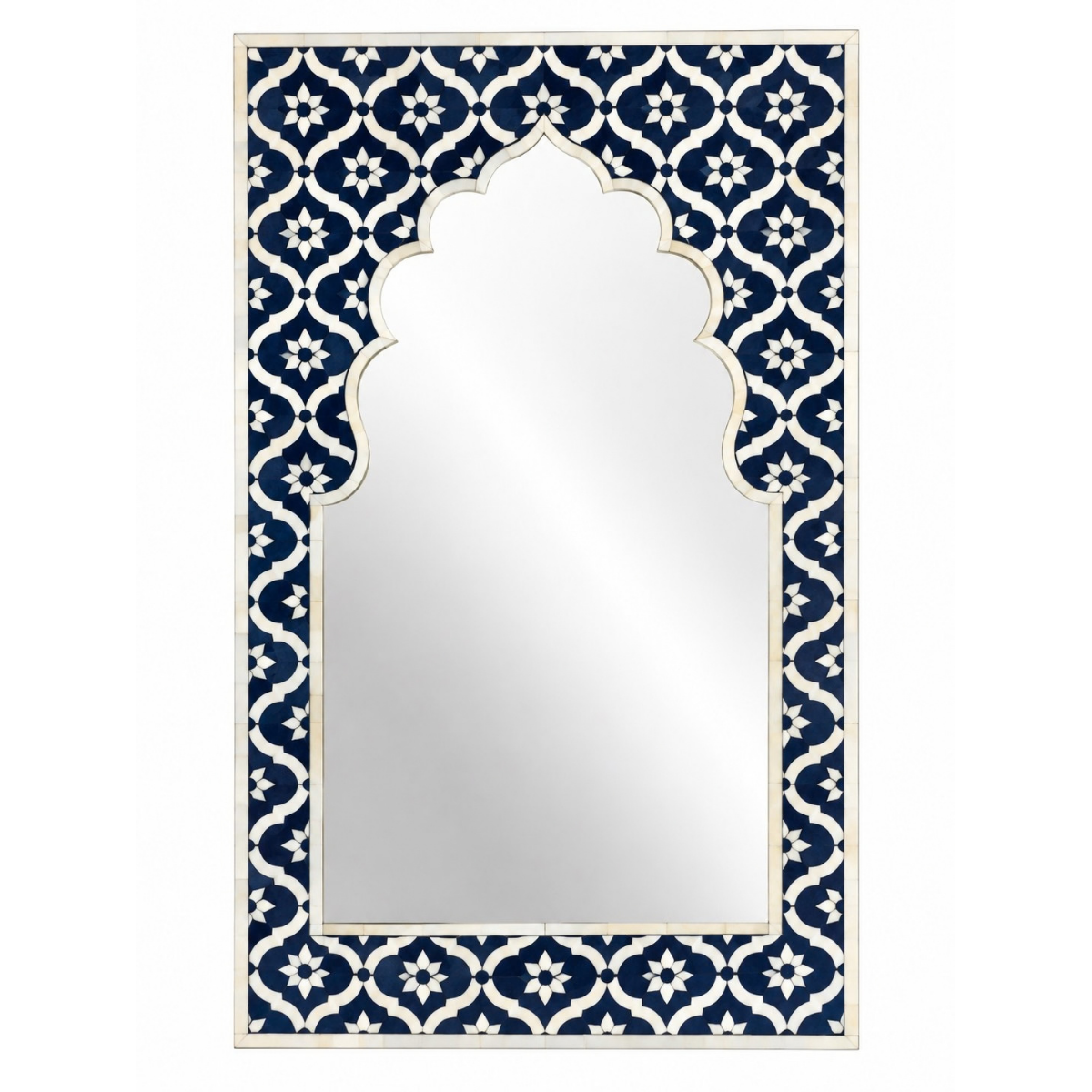 Handmade Navy Blue Bone Inlay Mirror – Mughal Arch Floral Wall Mirror