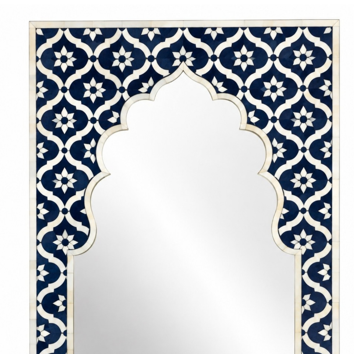 Handmade Navy Blue Bone Inlay Mirror – Mughal Arch Floral Wall Mirror