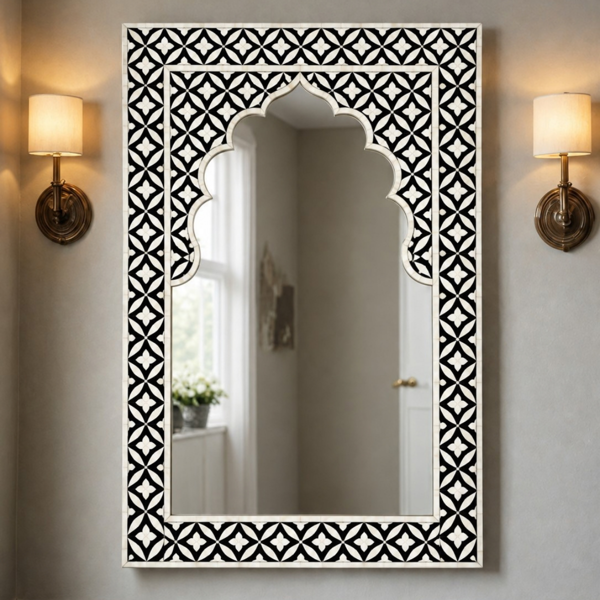 Handmade Black & White Bone Inlay Mirror – Mughal Arch Geometric Wall Mirror