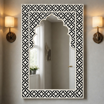 Handmade Black & White Bone Inlay Mirror – Mughal Arch Geometric Wall Mirror