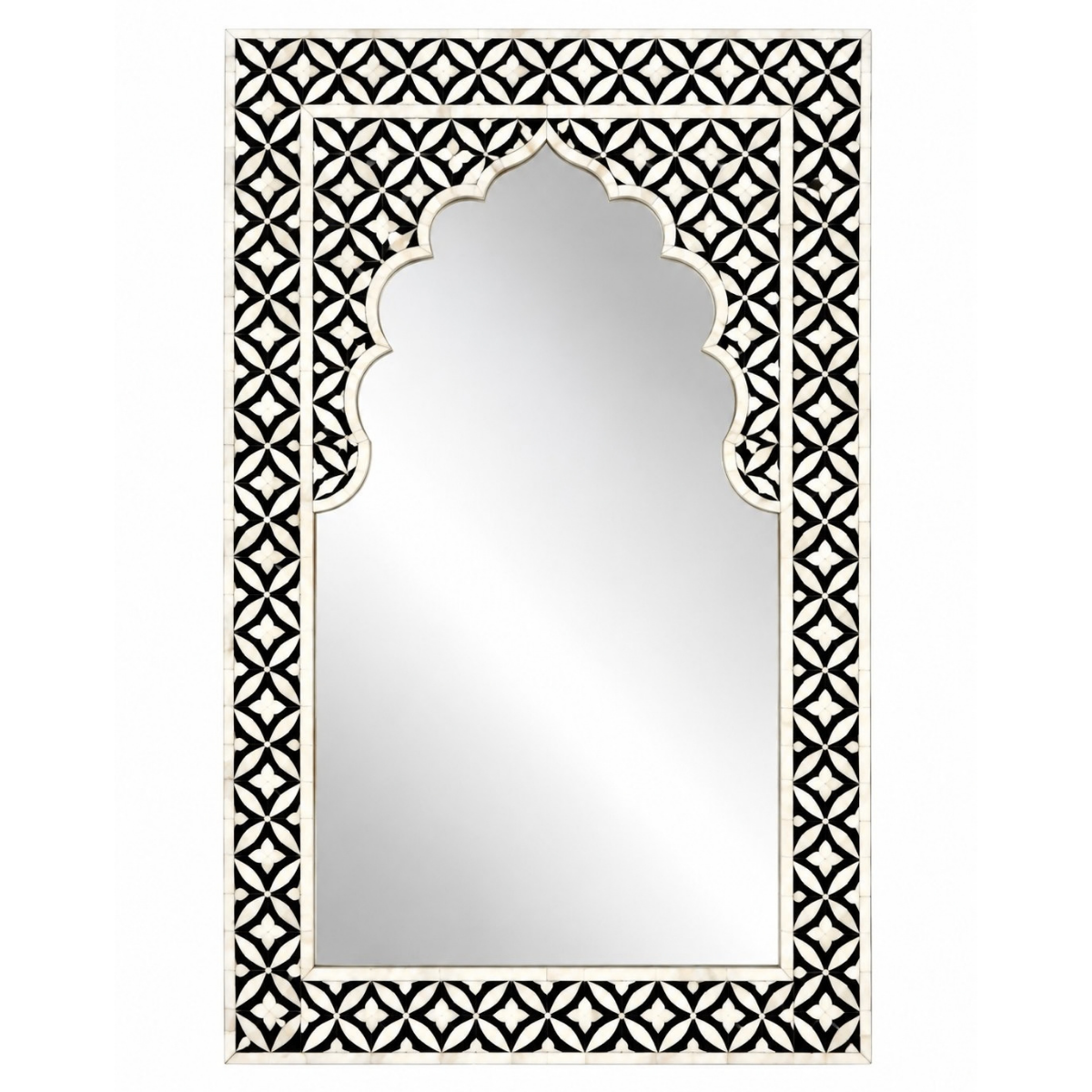 Handmade Black & White Bone Inlay Mirror – Mughal Arch Geometric Wall Mirror