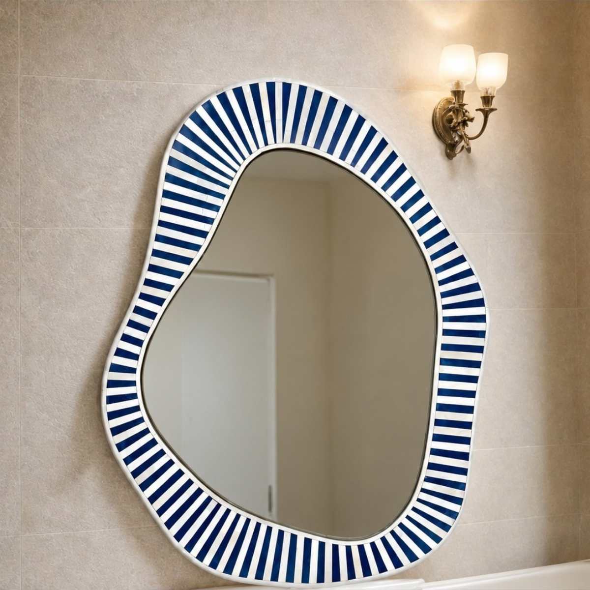 Handmade Blue & White Striped Bone Inlay Mirror – Irregular Organic Wall Mirror