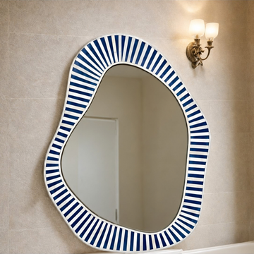 Handmade Blue & White Striped Bone Inlay Mirror – Irregular Organic Wall Mirror