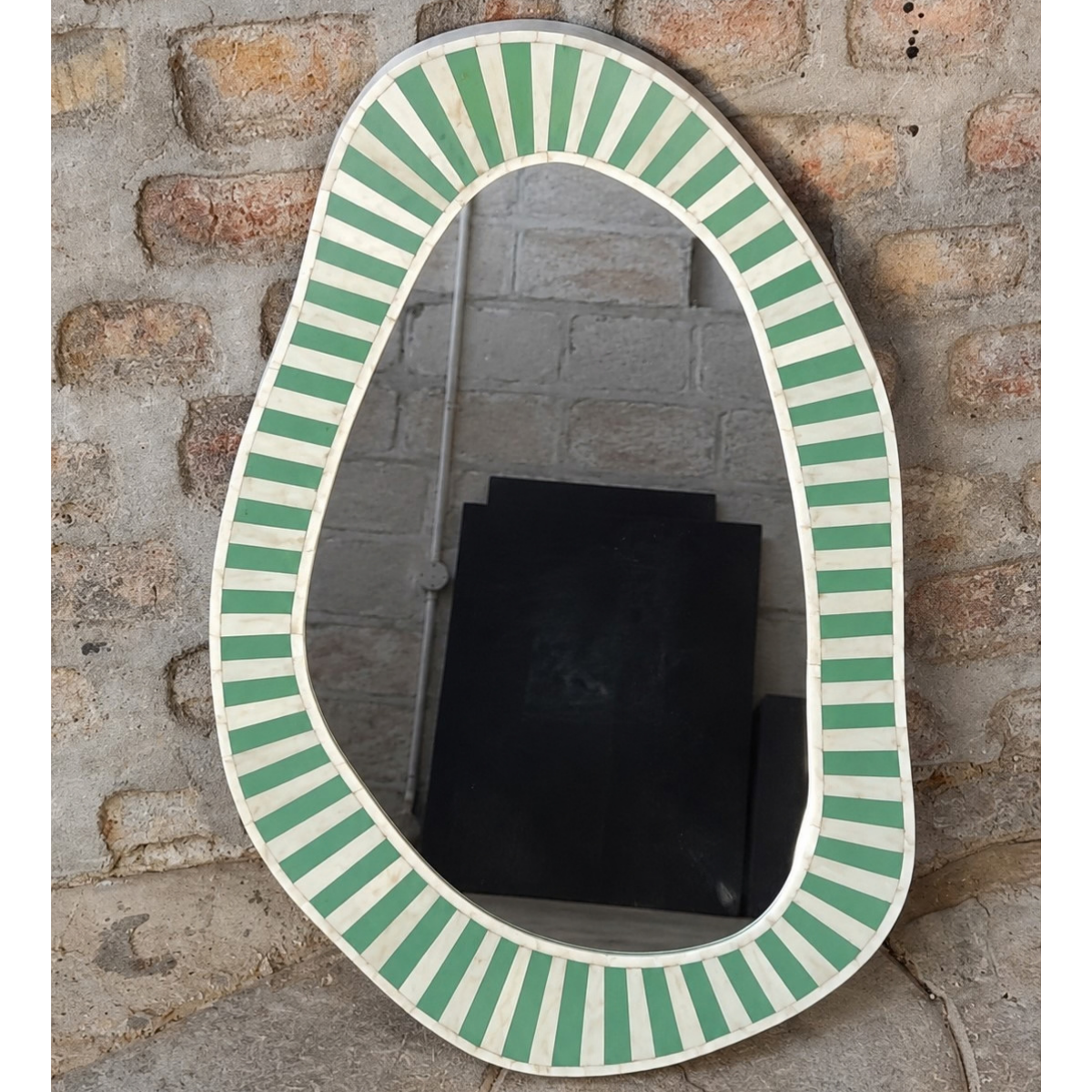 Handmade Green & White Striped Bone Inlay Mirror – Irregular Organic Wall Mirror