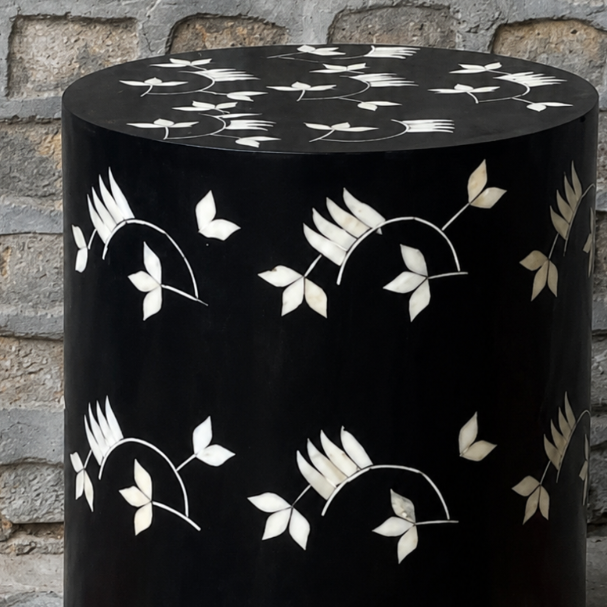 Handmade Black Bone Inlay Floral Drum Side Table | Luxury Accent Stool