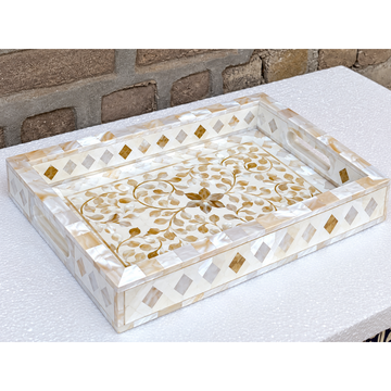 Handmade white Mother of Pearl inlay rectangular serving tray with floral design and side handles