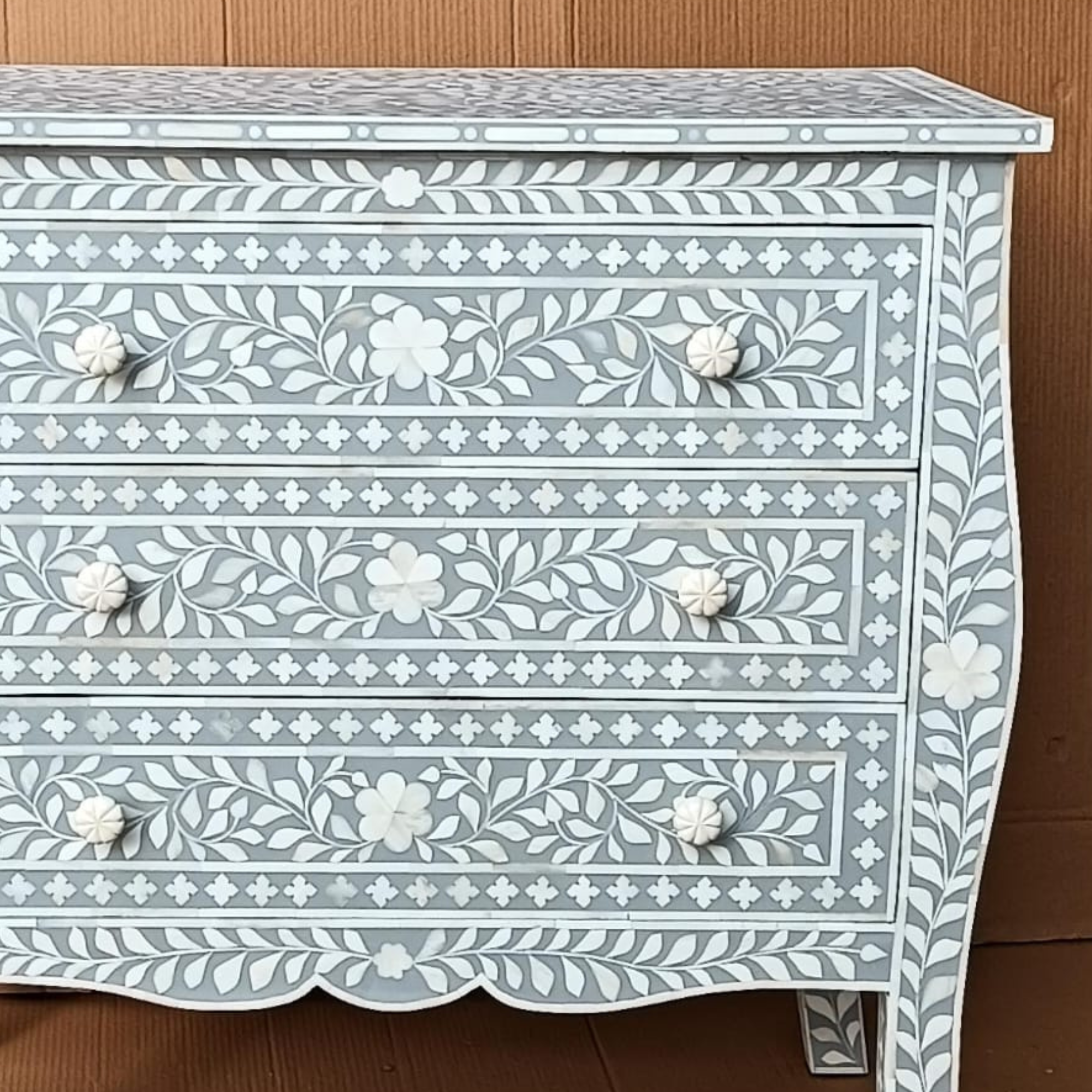 Handmade Grey Bone Inlay Sideboard Cabinet – Floral Pattern Storage Console