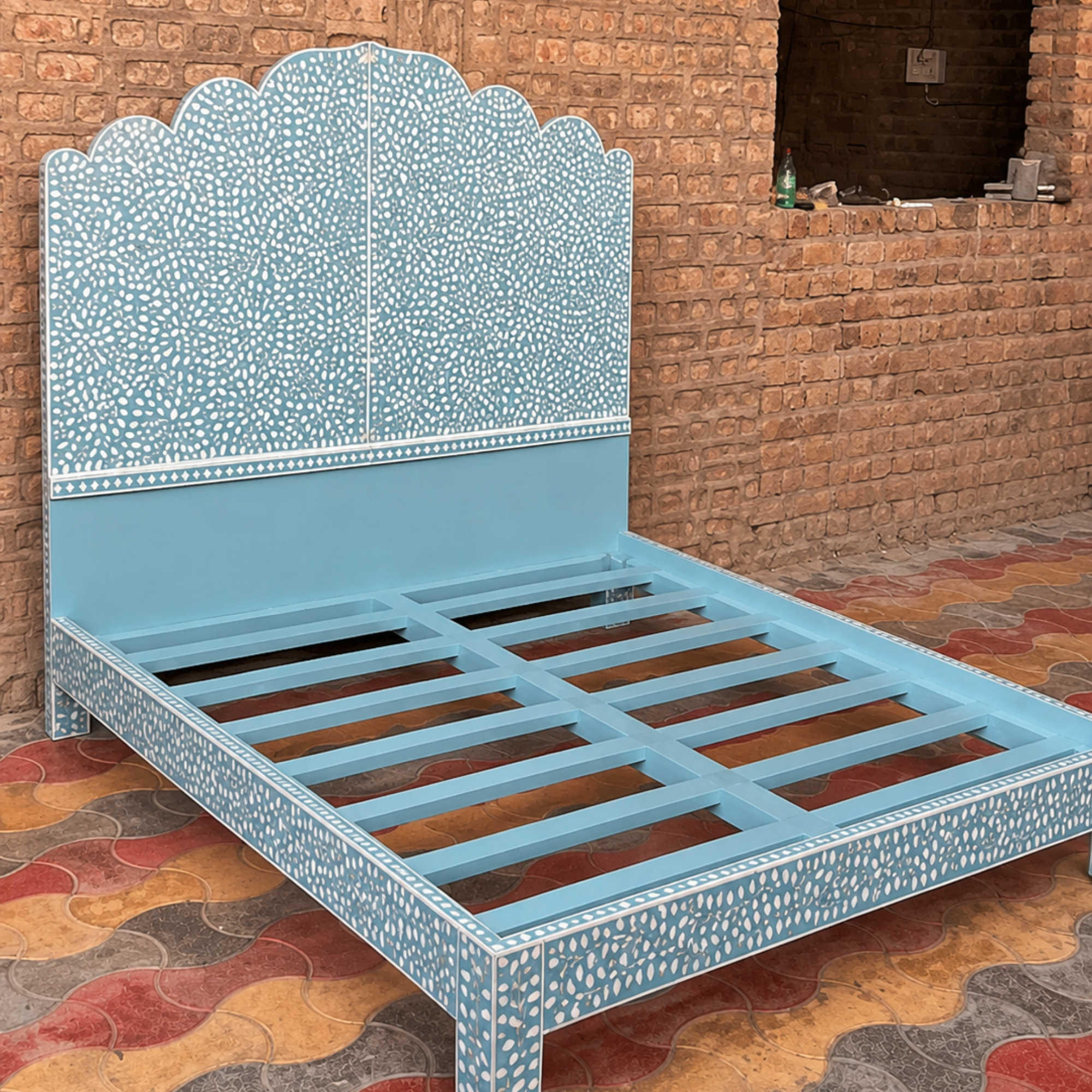 Sky Blue Mother of Pearl Inlay Bed – Scalloped Platform Bed Frame