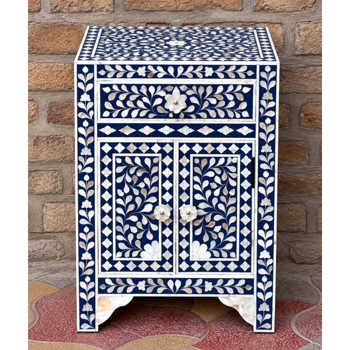 Blue Mother of Pearl Inlay Cabinet – Handmade Floral Storage Cabinet with Drawer & 2 Doors