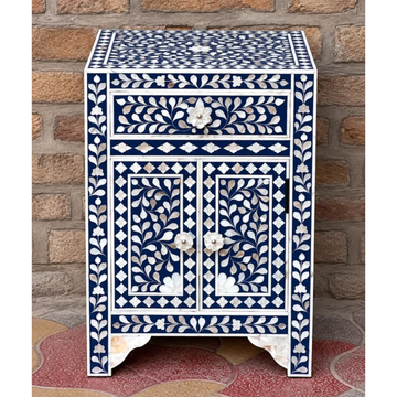 Blue Mother of Pearl Inlay Cabinet – Handmade Floral Storage Cabinet with Drawer & 2 Doors