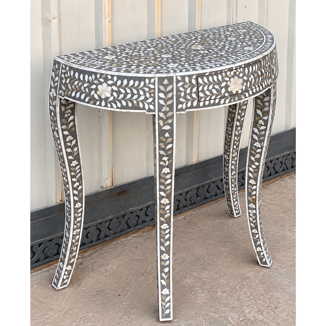 Black Mother of Pearl Inlay Half Moon Console Table – Handmade Floral Entryway Table with Drawer