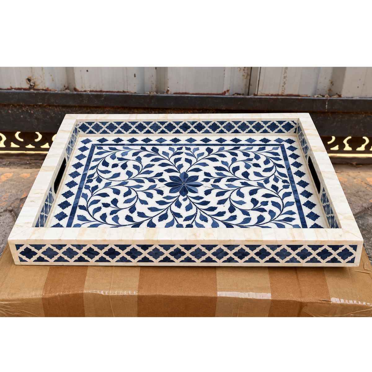 Handmade Blue & White Bone Inlay Serving Tray – Floral Design