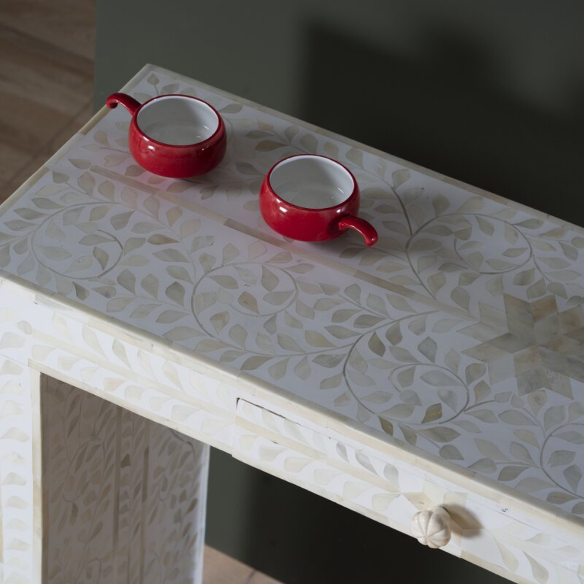 Handmade White Bone Inlay Console Table with Drawer | Floral Pattern Entryway Table