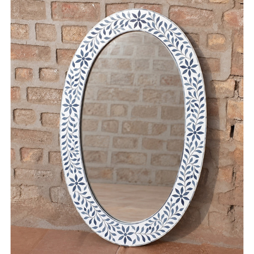 Handmade Blue Floral Bone Inlay Oval Mirror – Decorative Wall Mirror