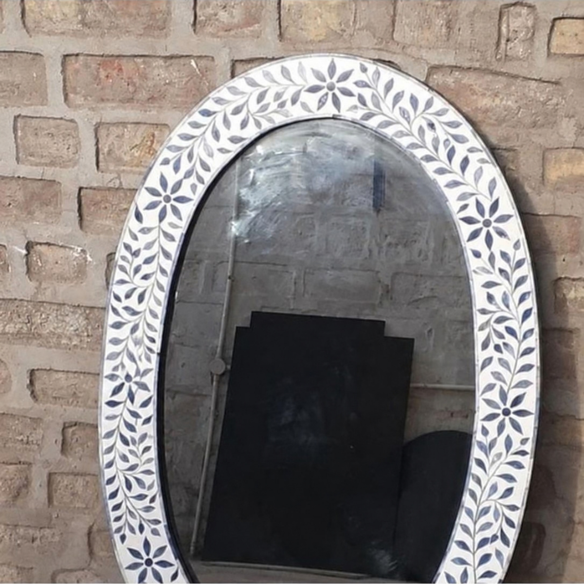 Handmade Blue Floral Bone Inlay Oval Mirror – Decorative Wall Mirror