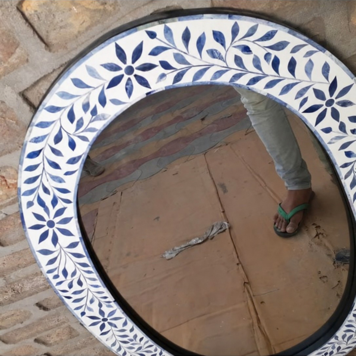 Handmade Blue Floral Bone Inlay Oval Mirror – Decorative Wall Mirror