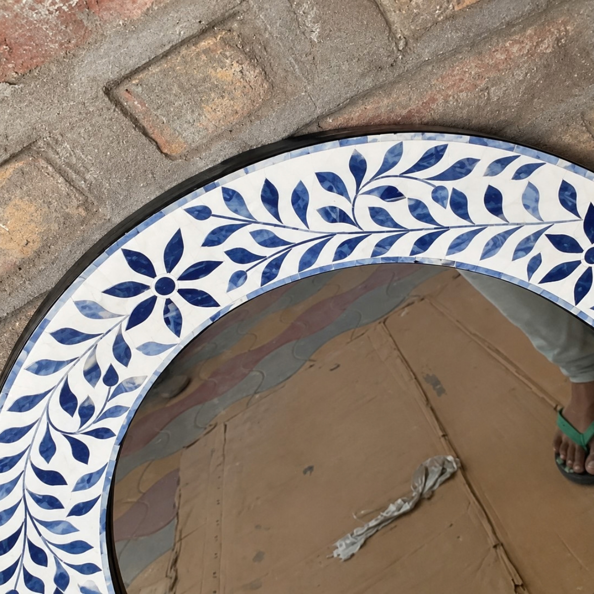 Handmade Blue Floral Bone Inlay Oval Mirror – Decorative Wall Mirror
