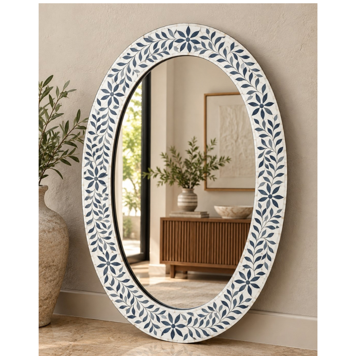 Handmade Blue Floral Bone Inlay Oval Mirror – Decorative Wall Mirror