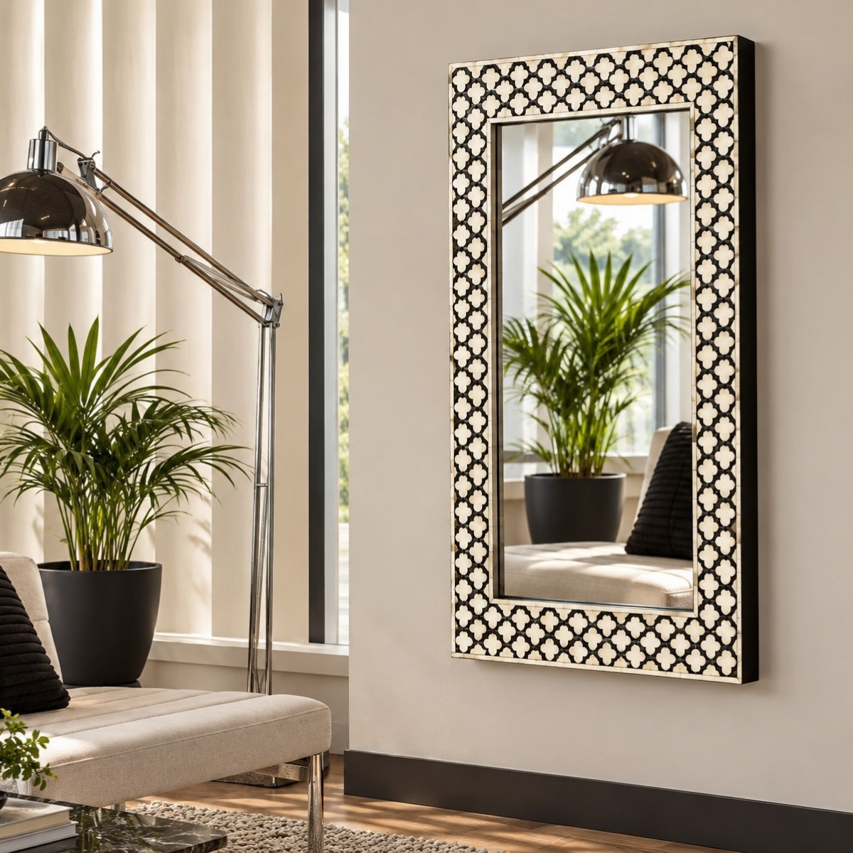 Handmade Black & White Bone Inlay Mirror – Geometric Quatrefoil Wall Mirror