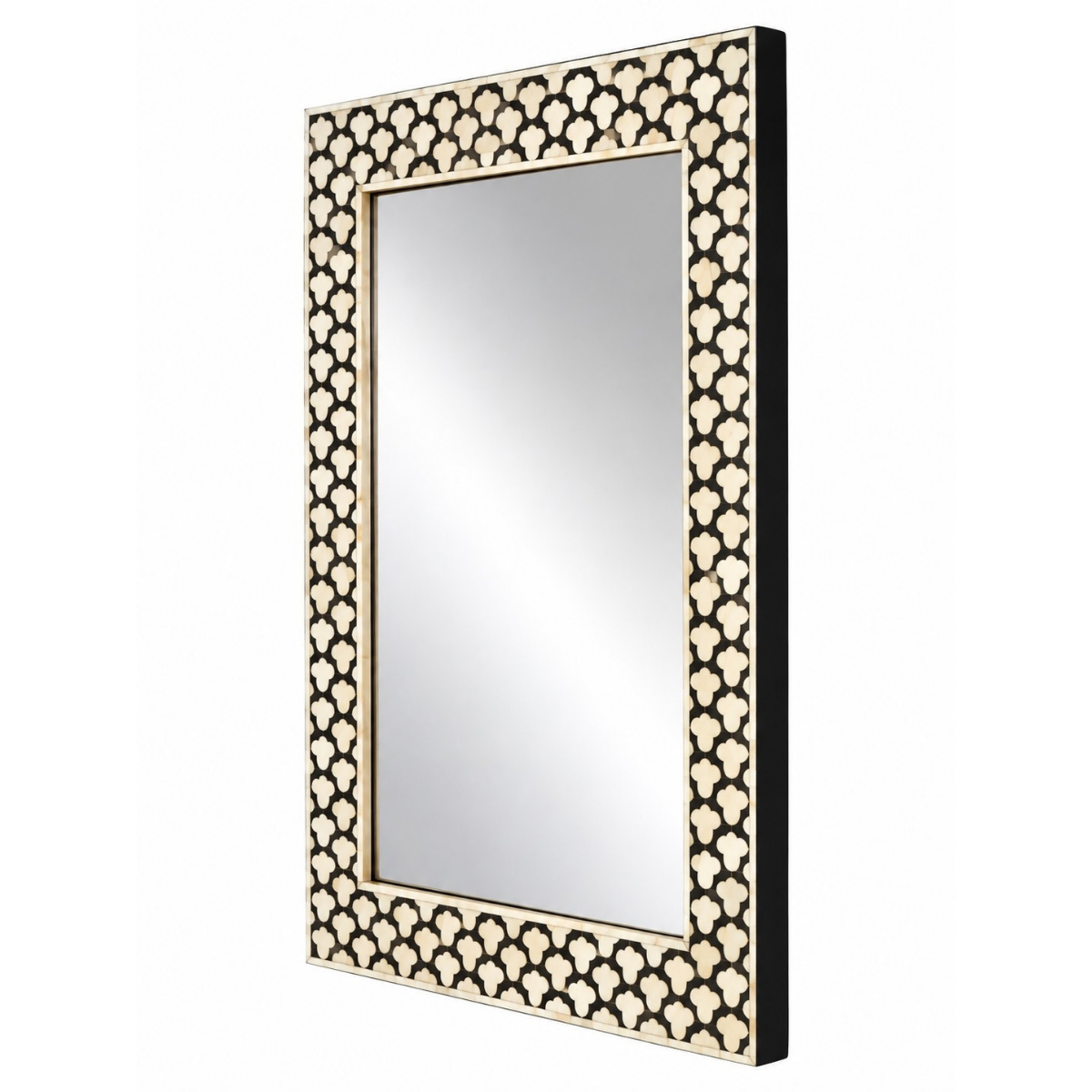Handmade Black & White Bone Inlay Mirror – Geometric Quatrefoil Wall Mirror