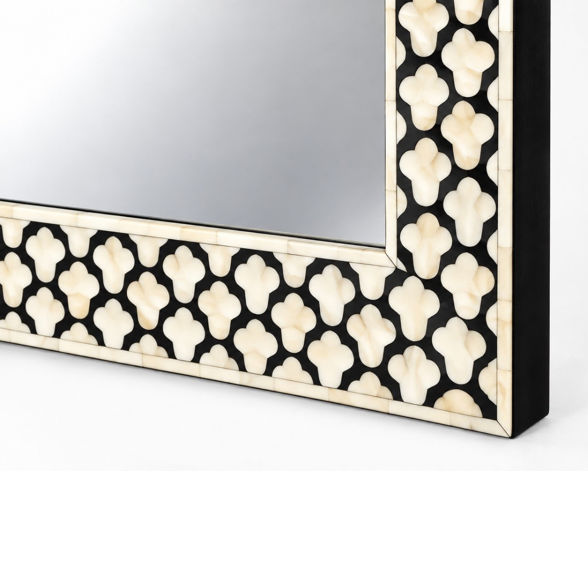 Handmade Black & White Bone Inlay Mirror – Geometric Quatrefoil Wall Mirror