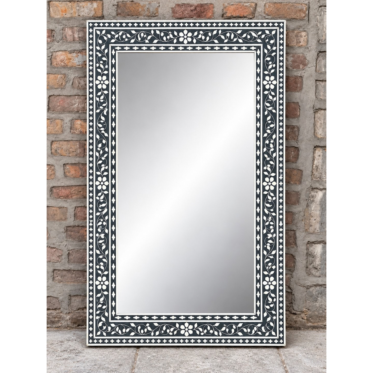 Handmade Black Floral Bone Inlay Mirror – Rectangular Decorative Wall Mirror