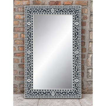 Handmade Black Floral Bone Inlay Mirror – Rectangular Decorative Wall Mirror