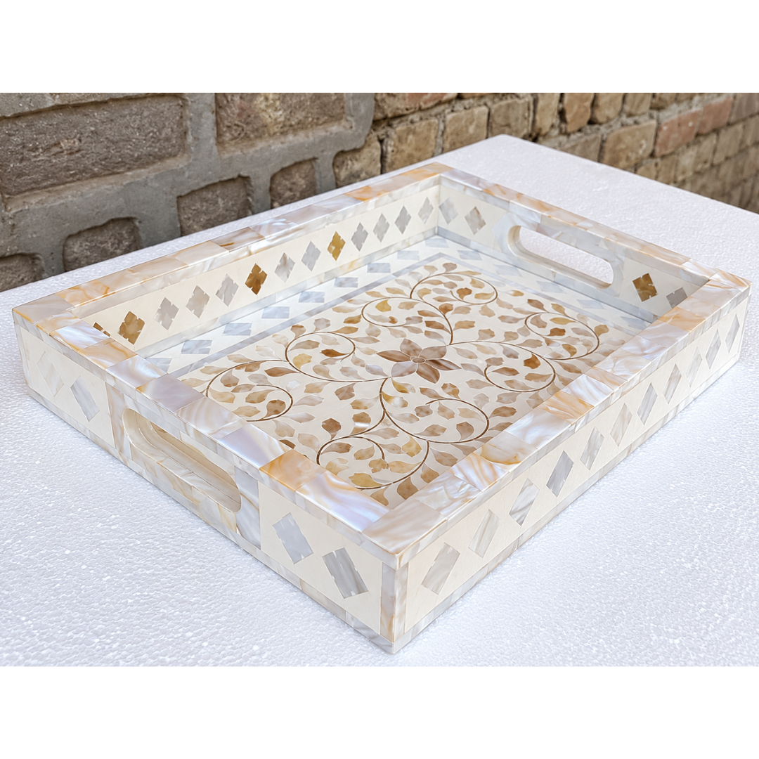 White Mother of Pearl Inlay Serving Tray – Handmade Floral Rectangular Decorative Tray