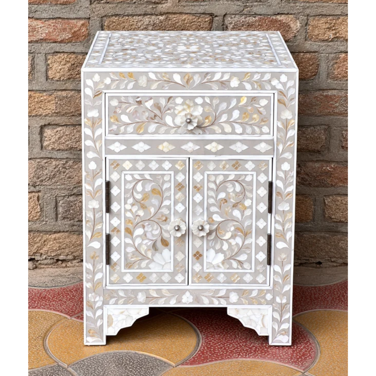 White Mother of Pearl Inlay Cabinet – Handmade Floral Storage Cabinet with Drawer & 2 Doors