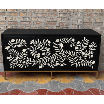 Handmade Black Bone Inlay Floral Sideboard Cabinet | Luxury Storage Console