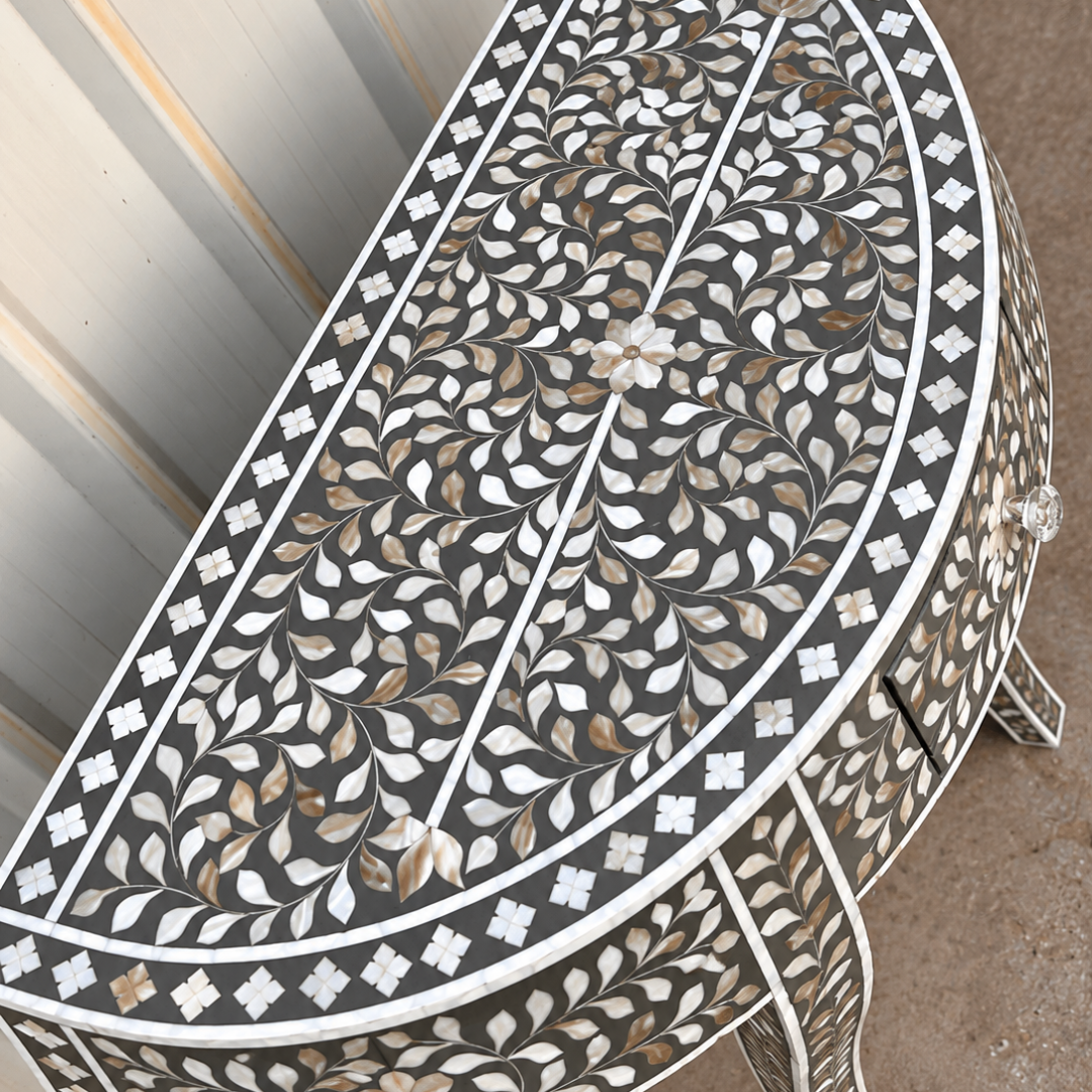 Black Mother of Pearl Inlay Half Moon Console Table – Handmade Floral Entryway Table with Drawer