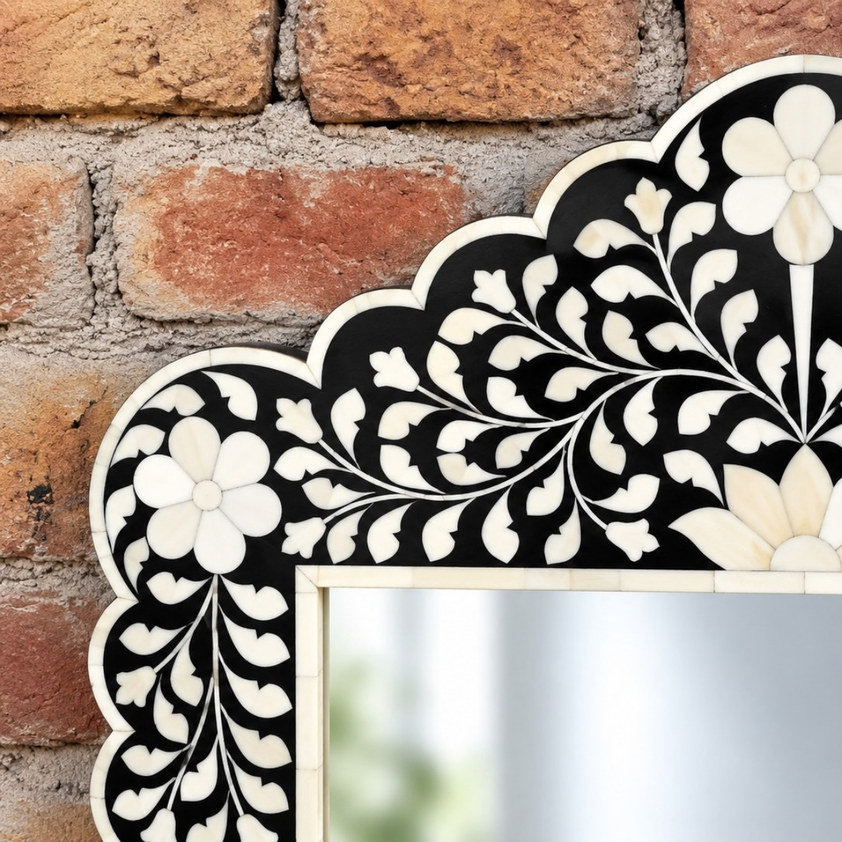 Handmade Black Bone Inlay Floral Mirror – Scalloped Ornate Wall Mirror
