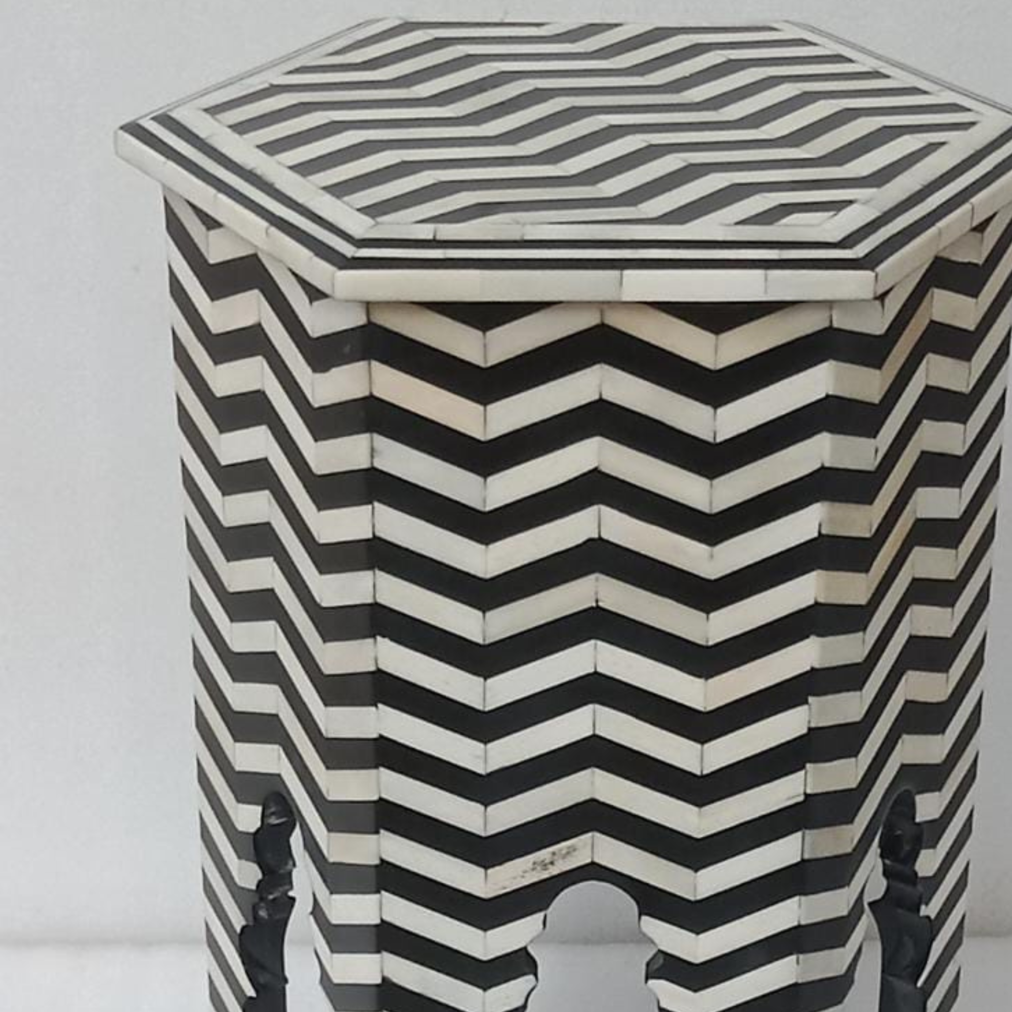 Black & White Chevron Bone Inlay Side Table – Handmade Hexagon Accent Table