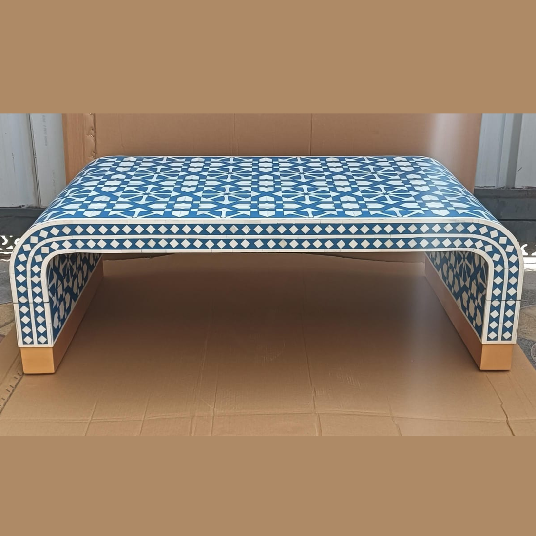 Handmade Blue Bone Inlay Coffee Table – Waterfall Design Living Room Table