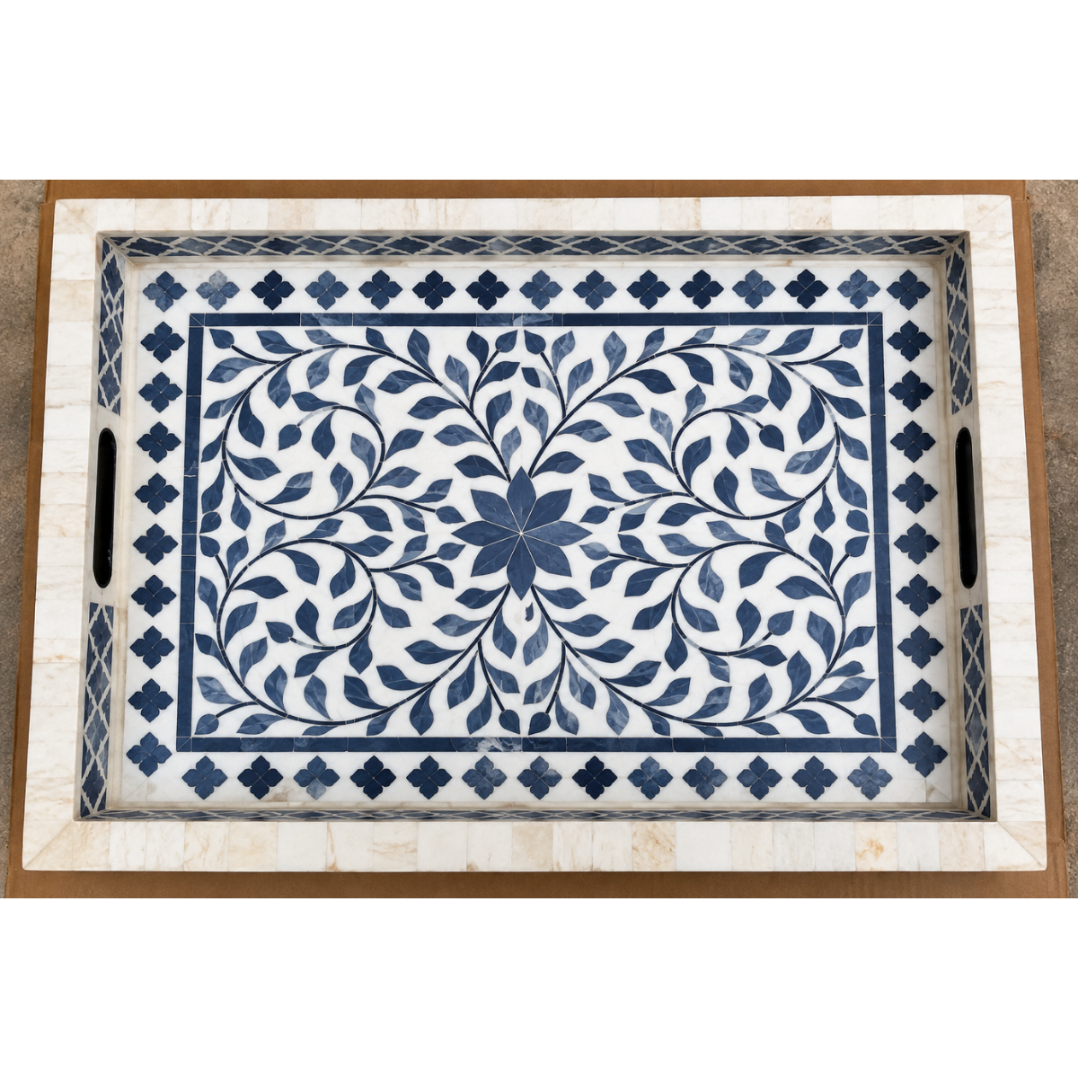 Handmade Blue & White Bone Inlay Serving Tray – Floral Design
