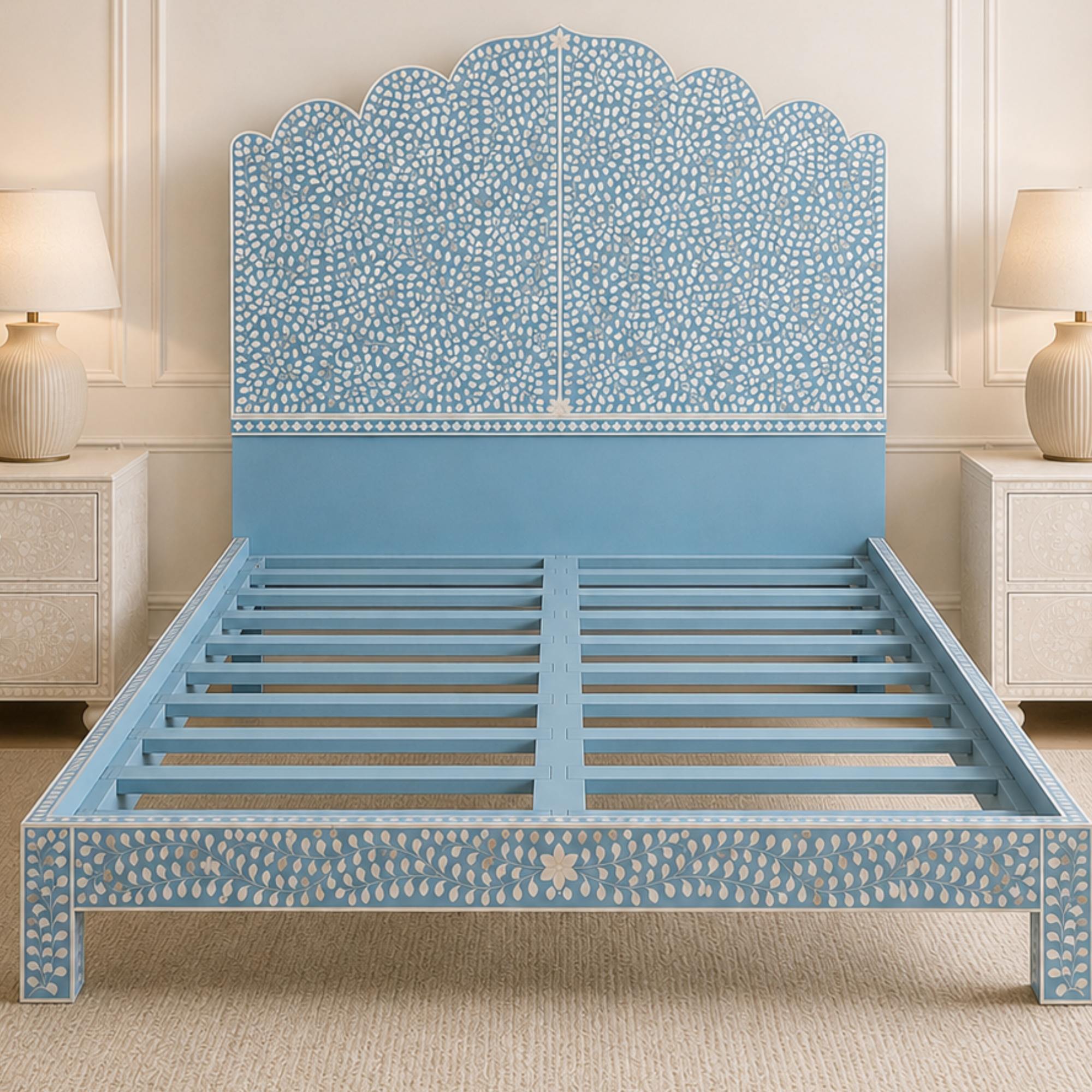 Sky Blue Mother of Pearl Inlay Bed – Scalloped Platform Bed Frame