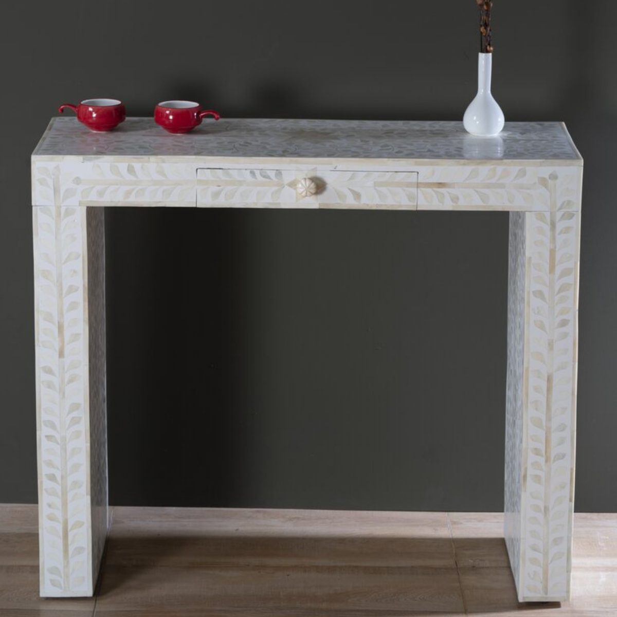 Handmade White Bone Inlay Console Table with Drawer | Floral Pattern Entryway Table