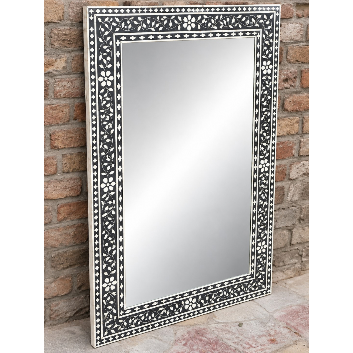 Handmade Black Floral Bone Inlay Mirror – Rectangular Decorative Wall Mirror