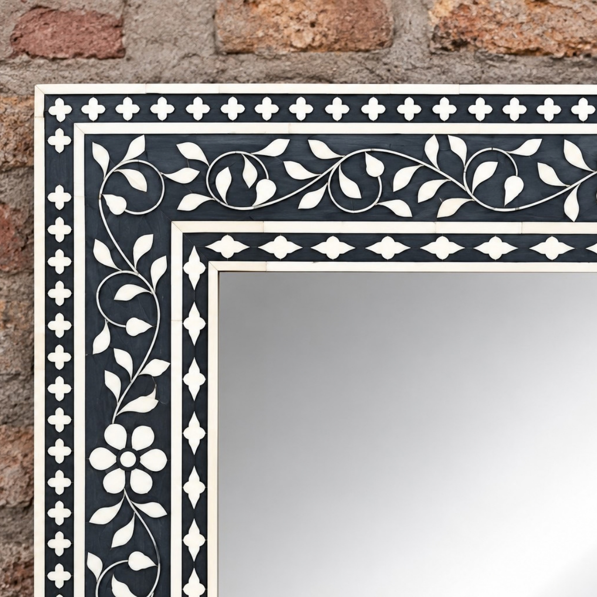 Handmade Black Floral Bone Inlay Mirror – Rectangular Decorative Wall Mirror