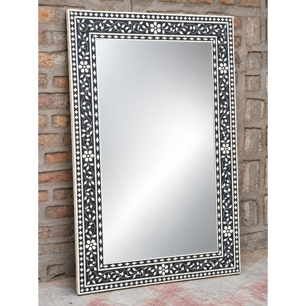 Handmade Black Floral Bone Inlay Mirror – Rectangular Decorative Wall Mirror