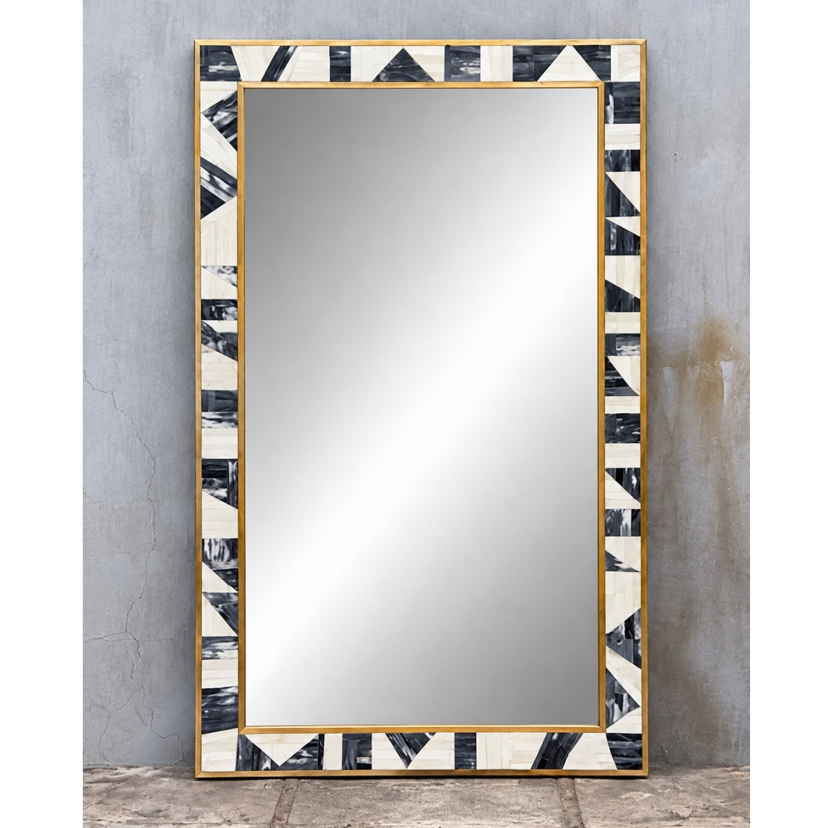 Handmade Black & White Geometric Bone Inlay Mirror – Modern Rectangular Wall Mirror