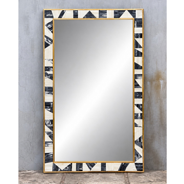 Handmade Black & White Geometric Bone Inlay Mirror – Modern Rectangular Wall Mirror