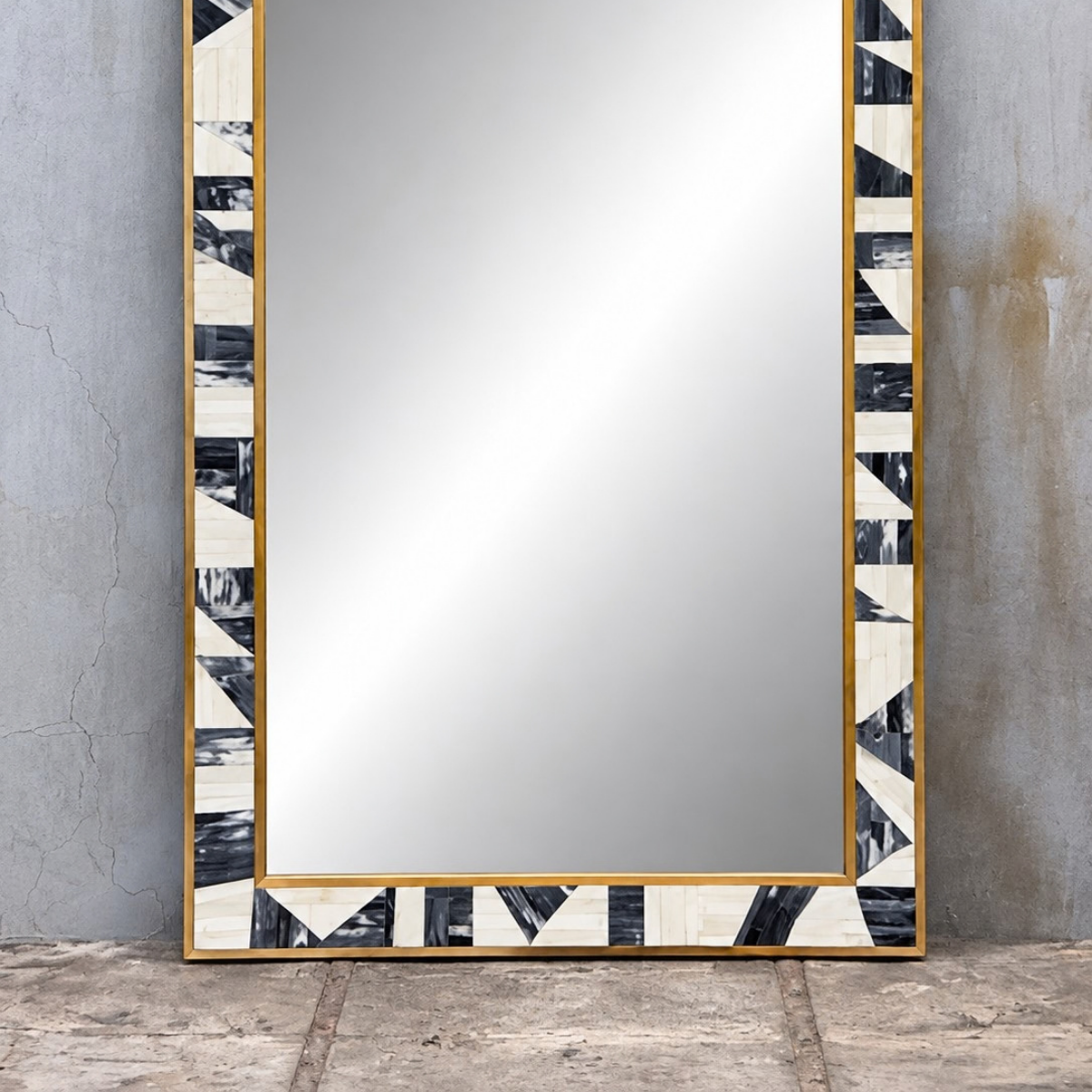 Handmade Black & White Geometric Bone Inlay Mirror – Modern Rectangular Wall Mirror